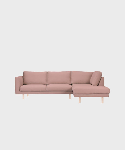 Cosy Pocket Classic pieni -kulmadivaani vaaleanpunaisella Soft-kankaalla ja koivujaloilla