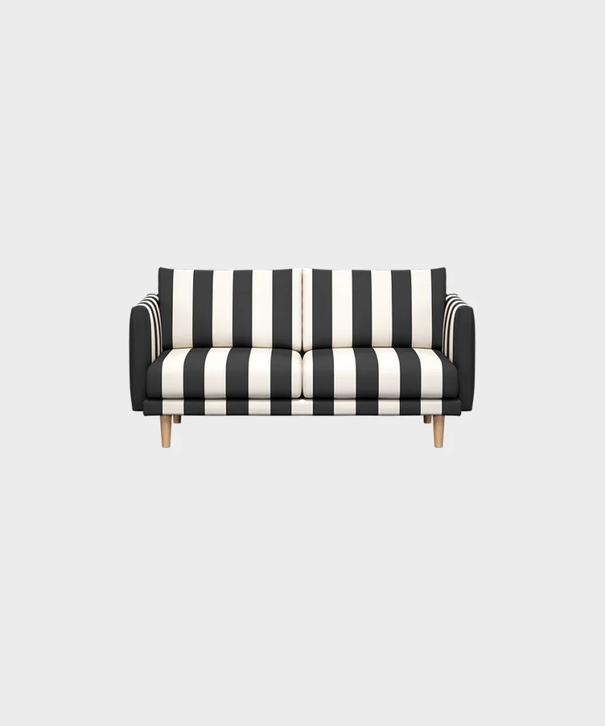 Lazy-minivuodesohva mustavalkoisella Mega Stripe -kankaalla ja tammijalalla