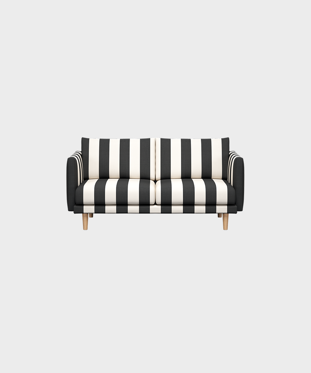Lazy-minivuodesohva mustavalkoisella Mega Stripe -kankaalla ja tammijalalla