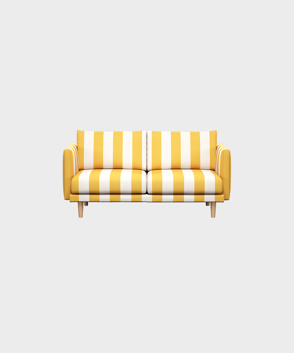 Lazy-minivuodesohva keltavalkoisellla Mega Stripe -kankaalla ja tammijalalla