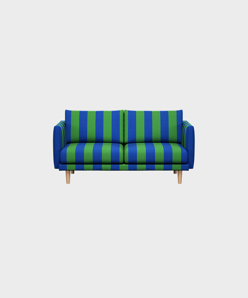 Lazy-minivuodesohva sinivihreällä Mega Stripe -kankaalla ja tammijalalla